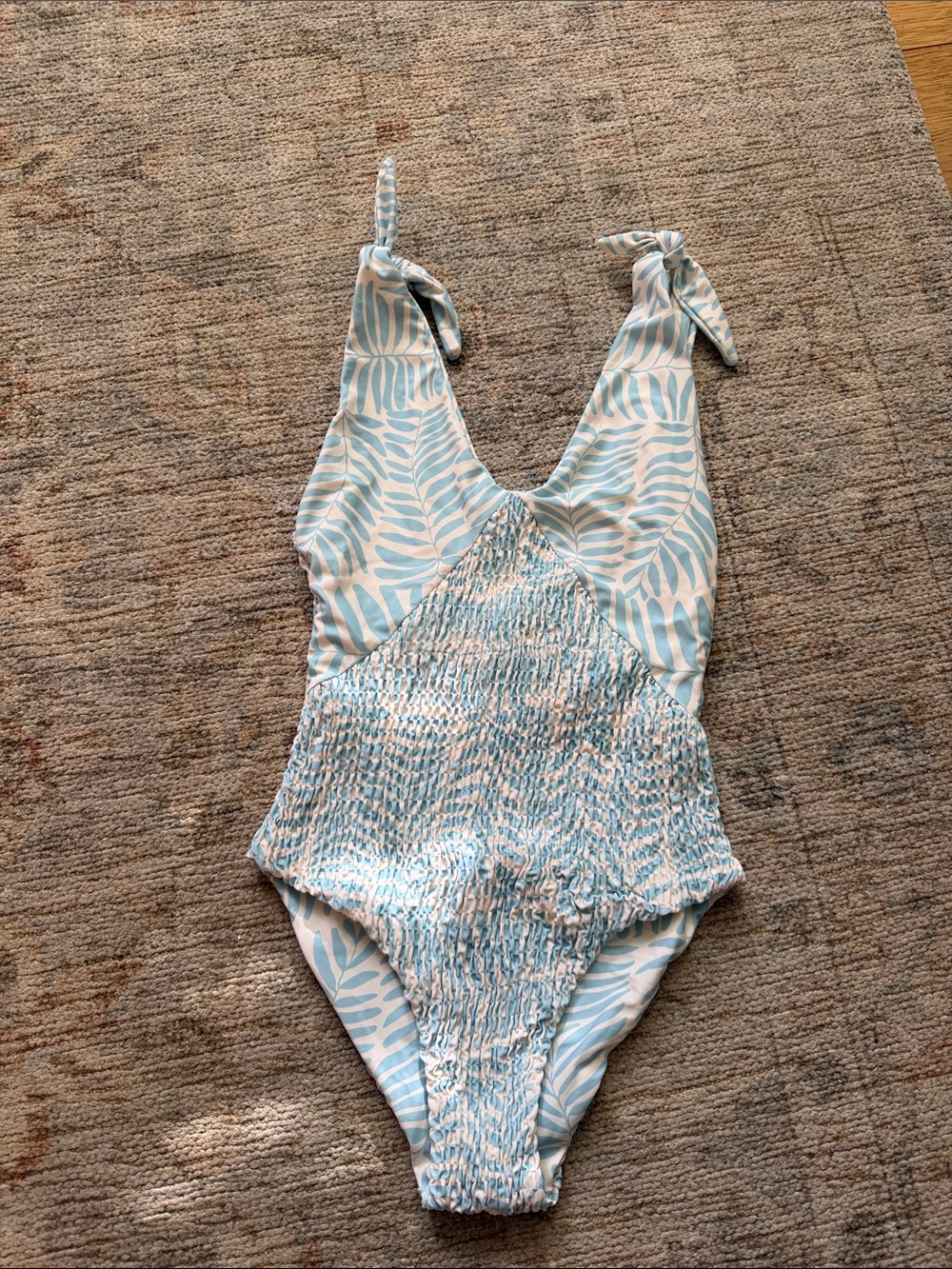Citrine Light Blue Palm-Print Smocked One-Piece Swimsuit